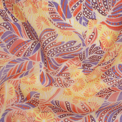 Crinkled Silk Chiffon Print - Mellow Yellow, Coral and Lavender Flowers and Leaves - Deadstock