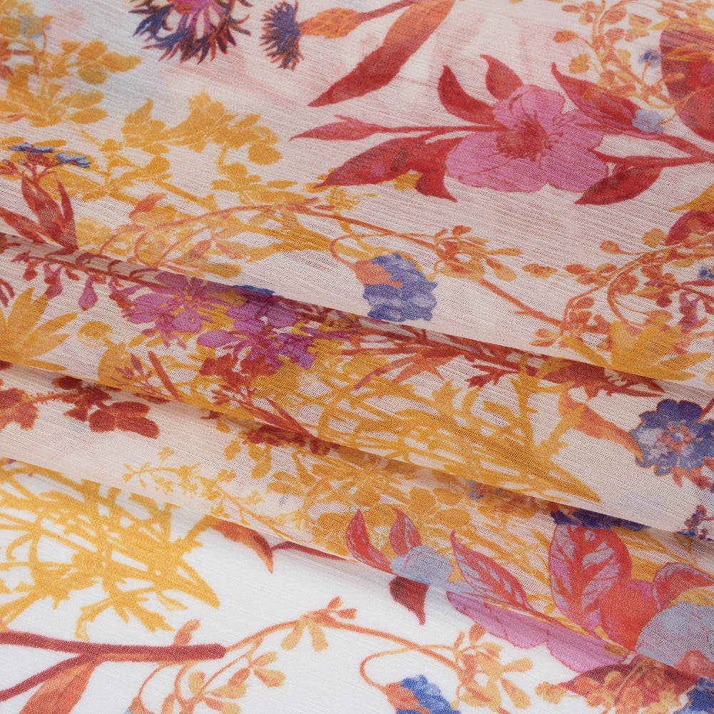 Crinkled Silk Chiffon Print - Red, Golden Yellow and Purplish Pink Wild Flowers - Deadstock - Folded