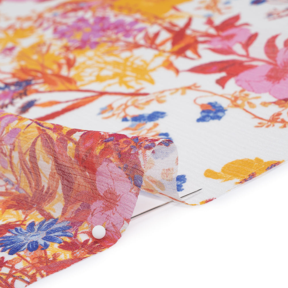Crinkled Silk Chiffon Print - Red, Golden Yellow and Purplish Pink Wild Flowers - Deadstock - Detail