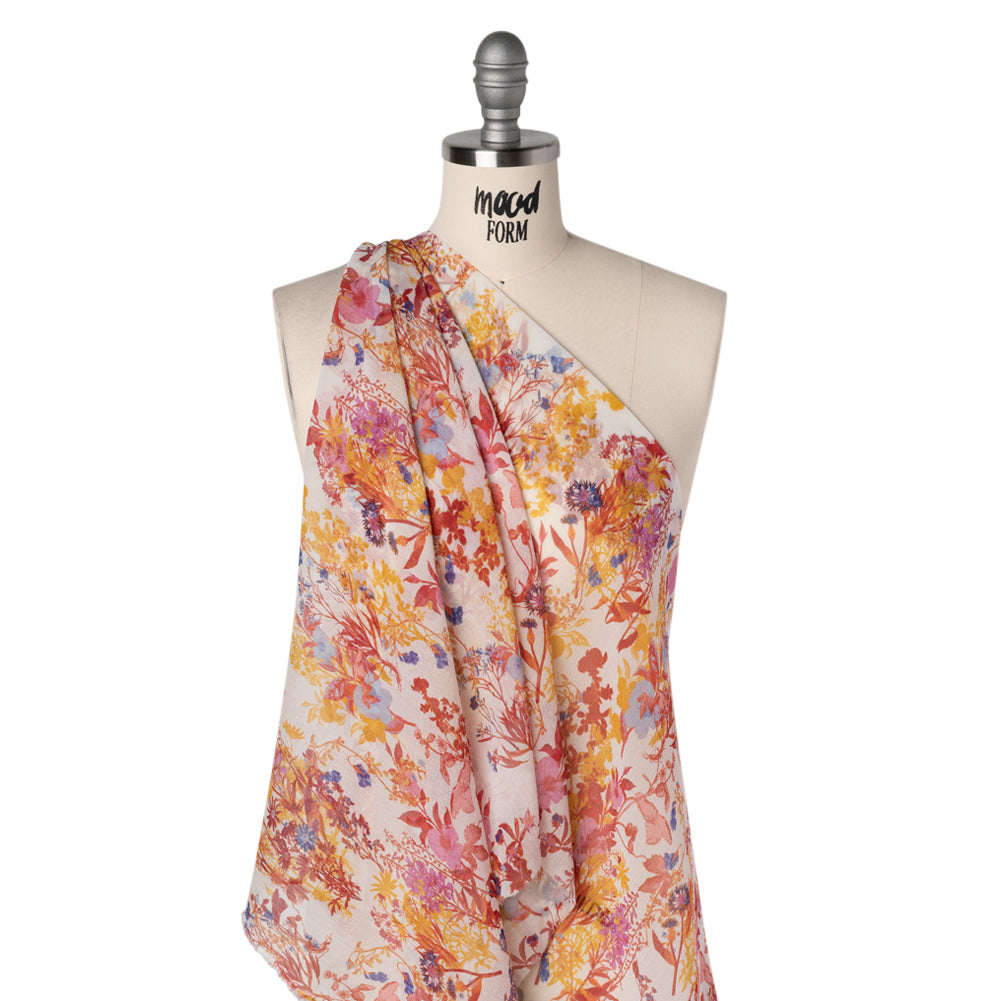 Crinkled Silk Chiffon Print - Red, Golden Yellow and Purplish Pink Wild Flowers - Deadstock - Drape