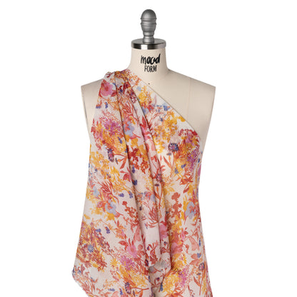 Crinkled Silk Chiffon Print - Red, Golden Yellow and Purplish Pink Wild Flowers - Deadstock