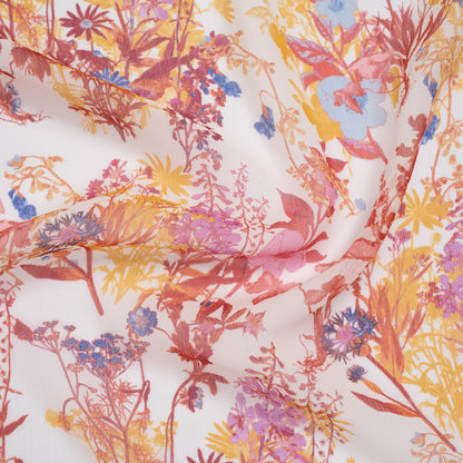 Crinkled Silk Chiffon Print - Red, Golden Yellow and Purplish Pink Wild Flowers - Deadstock