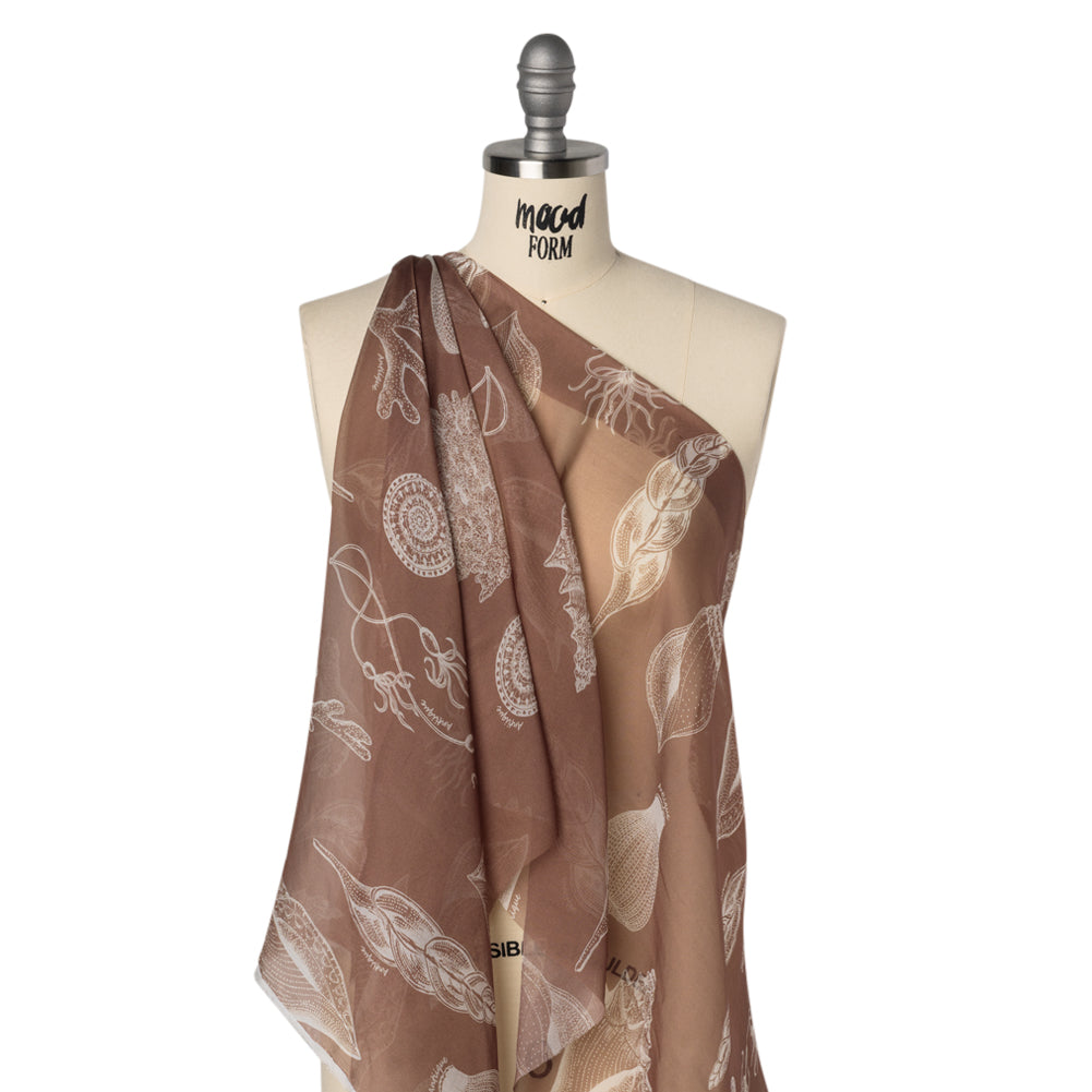 Silk Voile Print - Brown and White Sea Creatures and Shells - Deadstock Drape