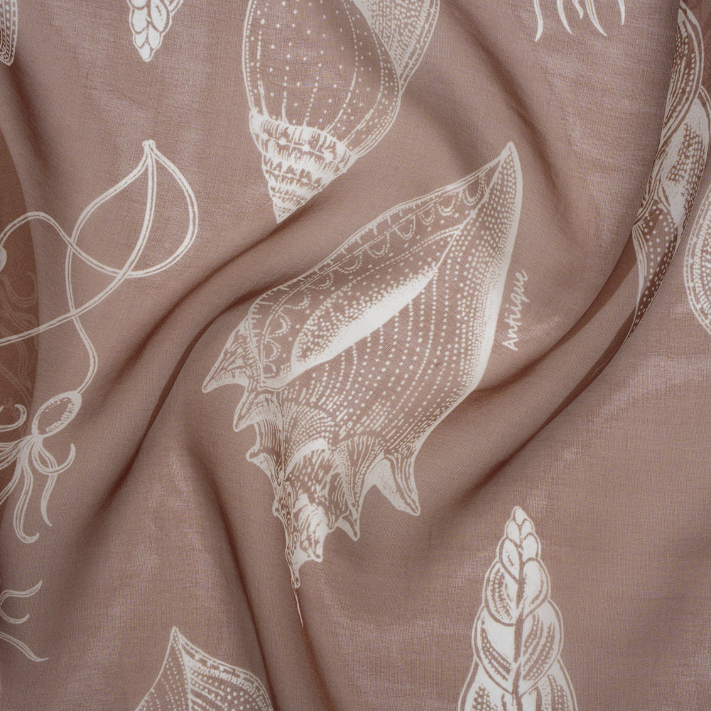 Silk Voile Print - Brown and White Sea Creatures and Shells - Deadstock