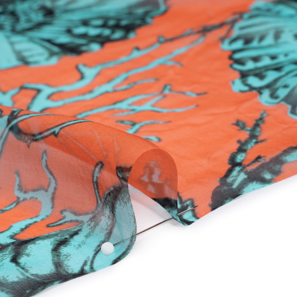Silk Voile Print - Salmon Pink and Sky Blue Shells and Coral Vines - Deadstock - Detail