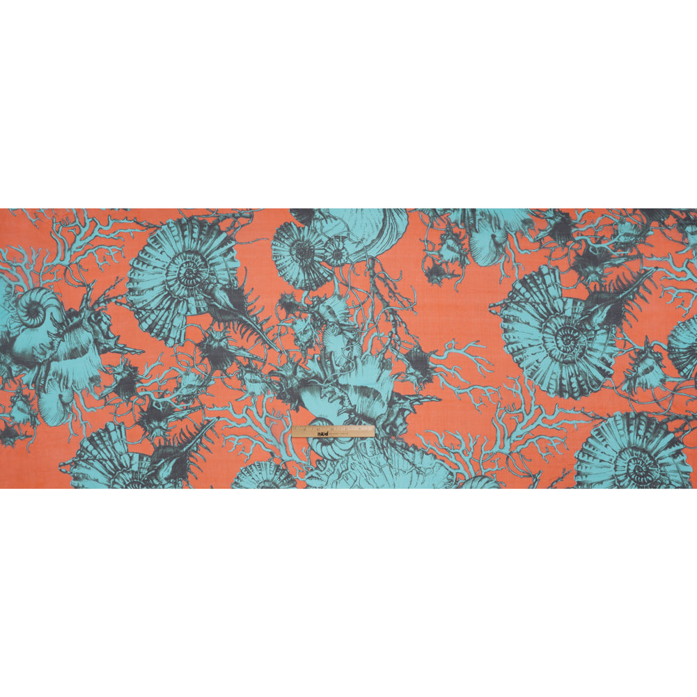 Silk Voile Print - Salmon Pink and Sky Blue Shells and Coral Vines - Deadstock - Full