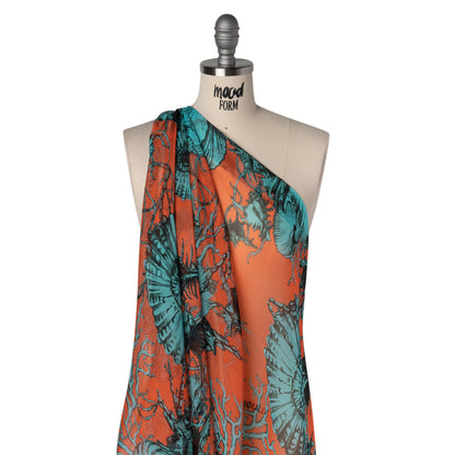 Silk Voile Print - Salmon Pink and Sky Blue Shells and Coral Vines - Deadstock