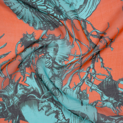 Silk Voile Print - Salmon Pink and Sky Blue Shells and Coral Vines - Deadstock