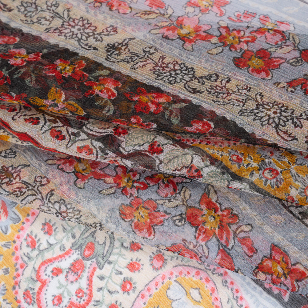 Crinkled Silk Chiffon Print - Red, Pale Blue and Golden Yellow Floral Stripes - Deadstock - Folded