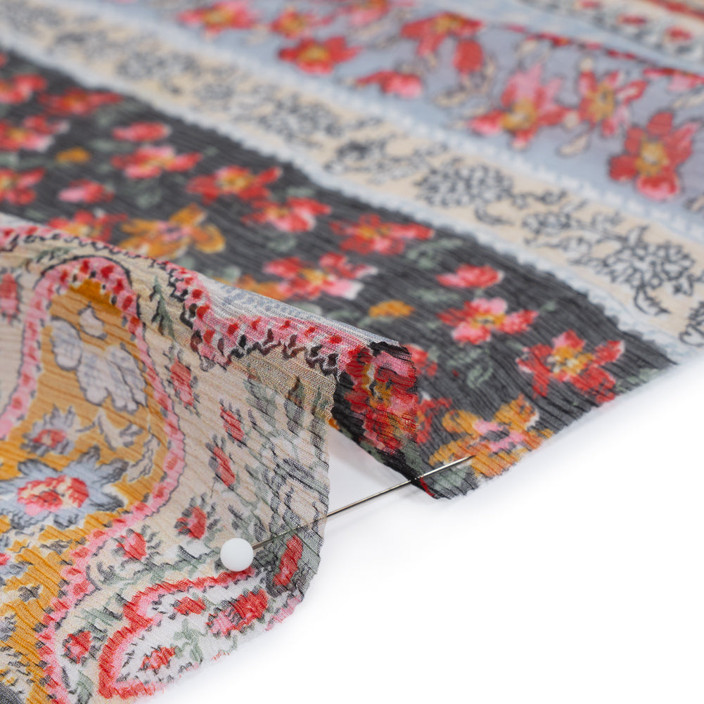 Crinkled Silk Chiffon Print - Red, Pale Blue and Golden Yellow Floral Stripes - Deadstock - Detail