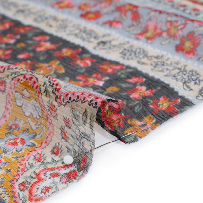Crinkled Silk Chiffon Print - Red, Pale Blue and Golden Yellow Floral Stripes - Deadstock