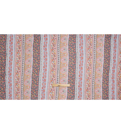 Crinkled Silk Chiffon Print - Red, Pale Blue and Golden Yellow Floral Stripes - Deadstock