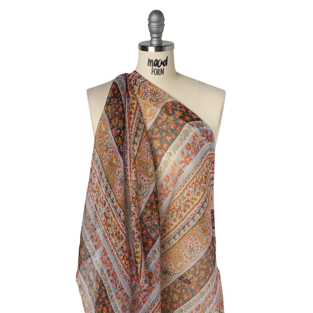 Crinkled Silk Chiffon Print - Red, Pale Blue and Golden Yellow Floral Stripes - Deadstock - Drape