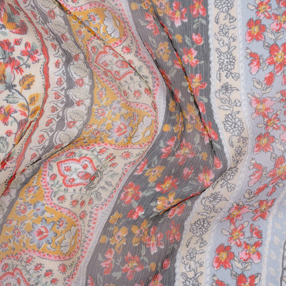 Crinkled Silk Chiffon Print - Red, Pale Blue and Golden Yellow Floral Stripes - Deadstock