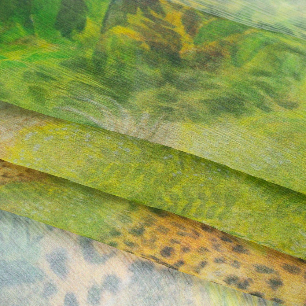 Crinkled Silk Chiffon Print - Green, Golden Brown and Yellow Jungle Creatures - Deadstock - Folded