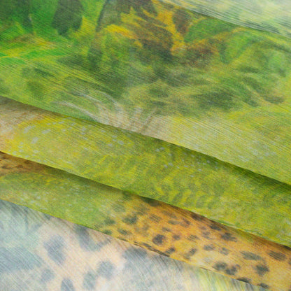 Crinkled Silk Chiffon Print - Green, Golden Brown and Yellow Jungle Creatures - Deadstock