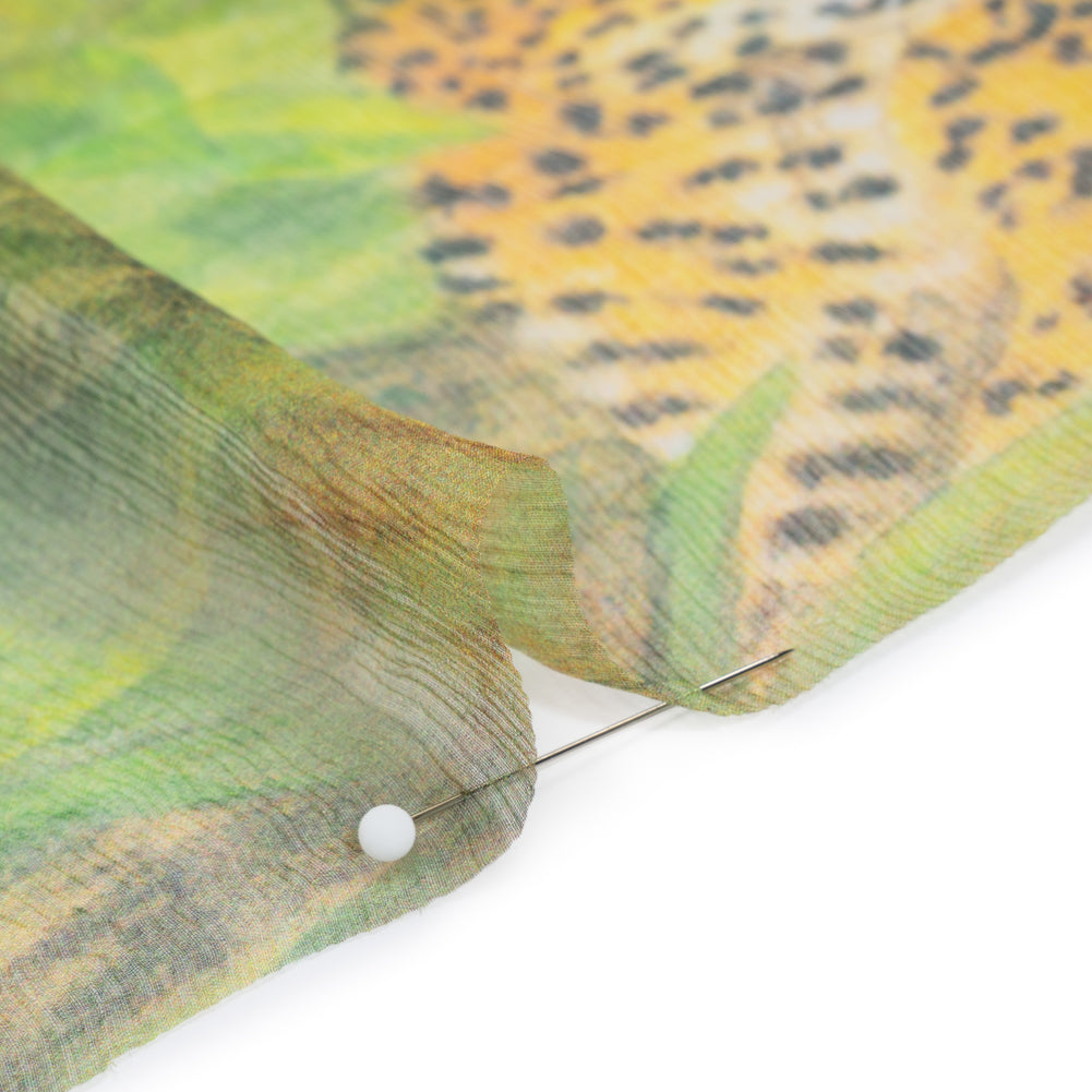Crinkled Silk Chiffon Print - Green, Golden Brown and Yellow Jungle Creatures - Deadstock - Detail