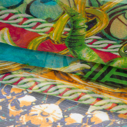 Crinkled Silk Chiffon Print - Lime Green, Turquoise and Gold Chains and Nature Borders - Deadstock