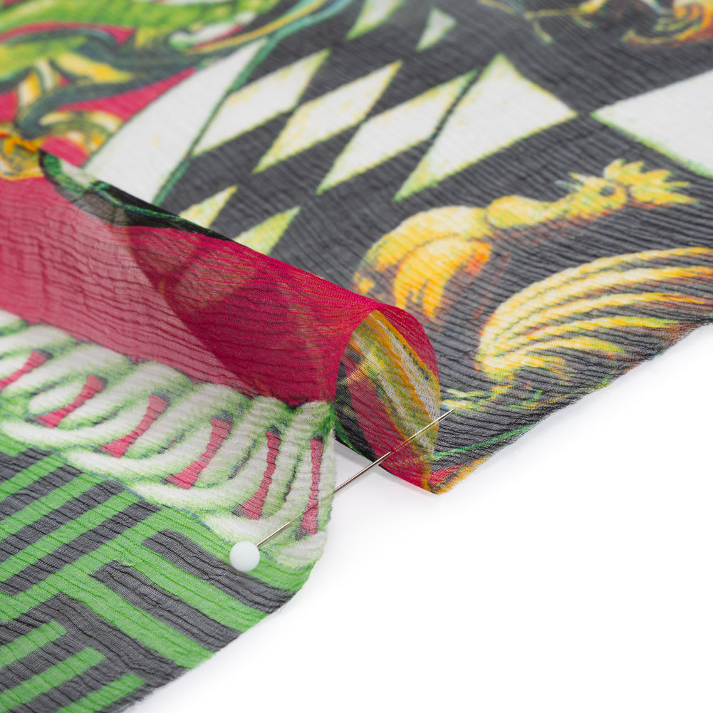 Crinkled Silk Chiffon Print - Lime Green, Turquoise and Gold Chains and Nature Borders - Deadstock - Detail