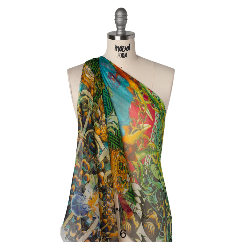 Crinkled Silk Chiffon Print - Lime Green, Turquoise and Gold Chains and Nature Borders - Deadstock - Drape