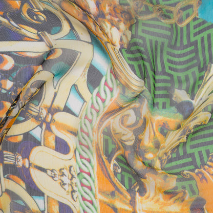 Crinkled Silk Chiffon Print - Lime Green, Turquoise and Gold Chains and Nature Borders - Deadstock