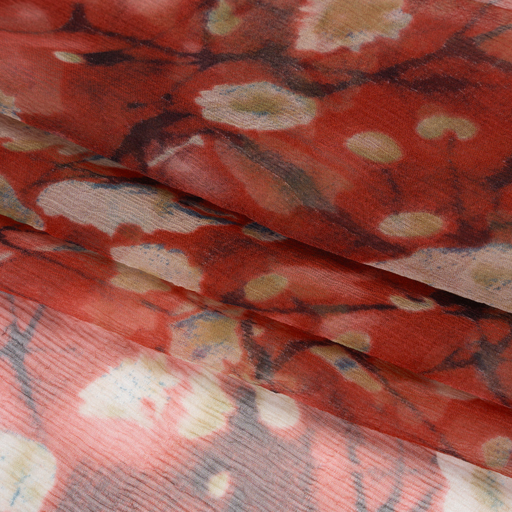 Crinkled Silk Chiffon Print - Red, White and Black Painterly Flowering Branches - Deadstock Folded