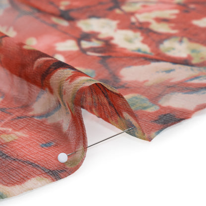 Crinkled Silk Chiffon Print - Red, White and Black Painterly Flowering Branches - Deadstock Detail