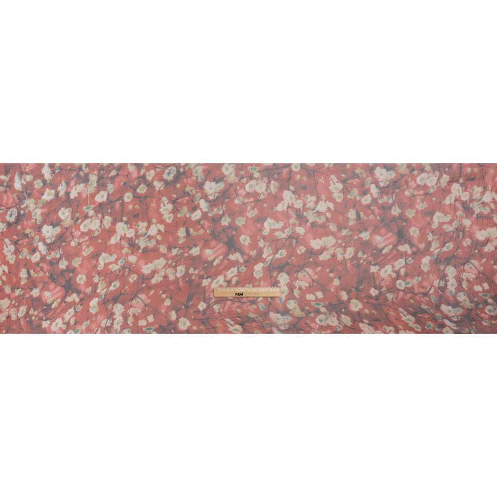 Crinkled Silk Chiffon Print - Red, White and Black Painterly Flowering Branches - Deadstock - Full