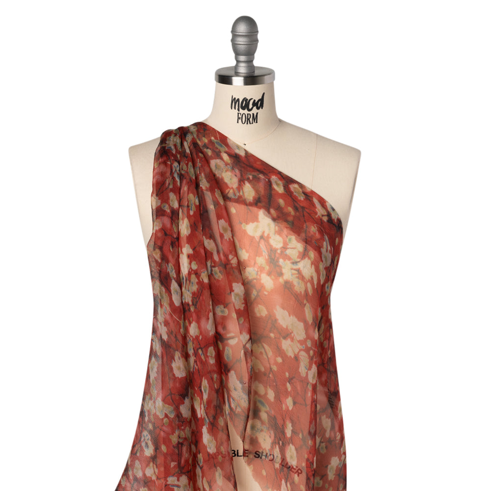 Crinkled Silk Chiffon Print - Red, White and Black Painterly Flowering Branches - Deadstock Drape