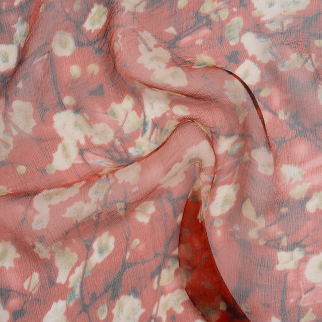 Crinkled Silk Chiffon Print - Red, White and Black Painterly Flowering Branches - Deadstock
