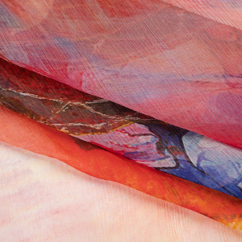Crinkled Silk Chiffon Panel - Yellow, Peach and Red Floral Medallion Sunrise - Deadstock Folded