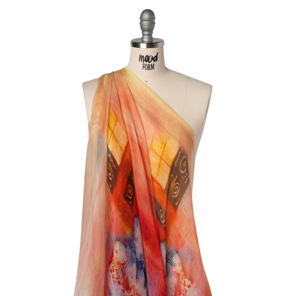 Crinkled Silk Chiffon Panel - Yellow, Peach and Red Floral Medallion Sunrise - Deadstock Drape