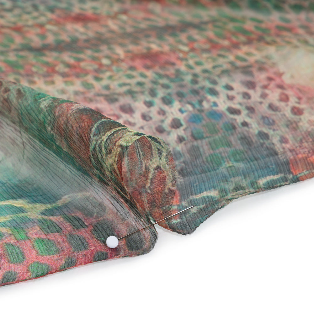 Crinkled Silk Chiffon Print - Red and Green Snakeskin - Deadstock Detail