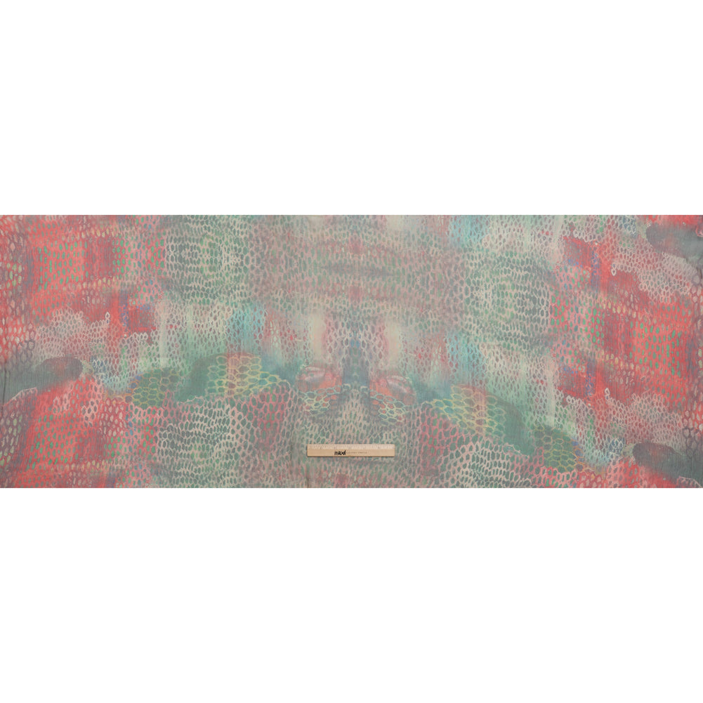 Crinkled Silk Chiffon Print - Red and Green Snakeskin - Deadstock - Full