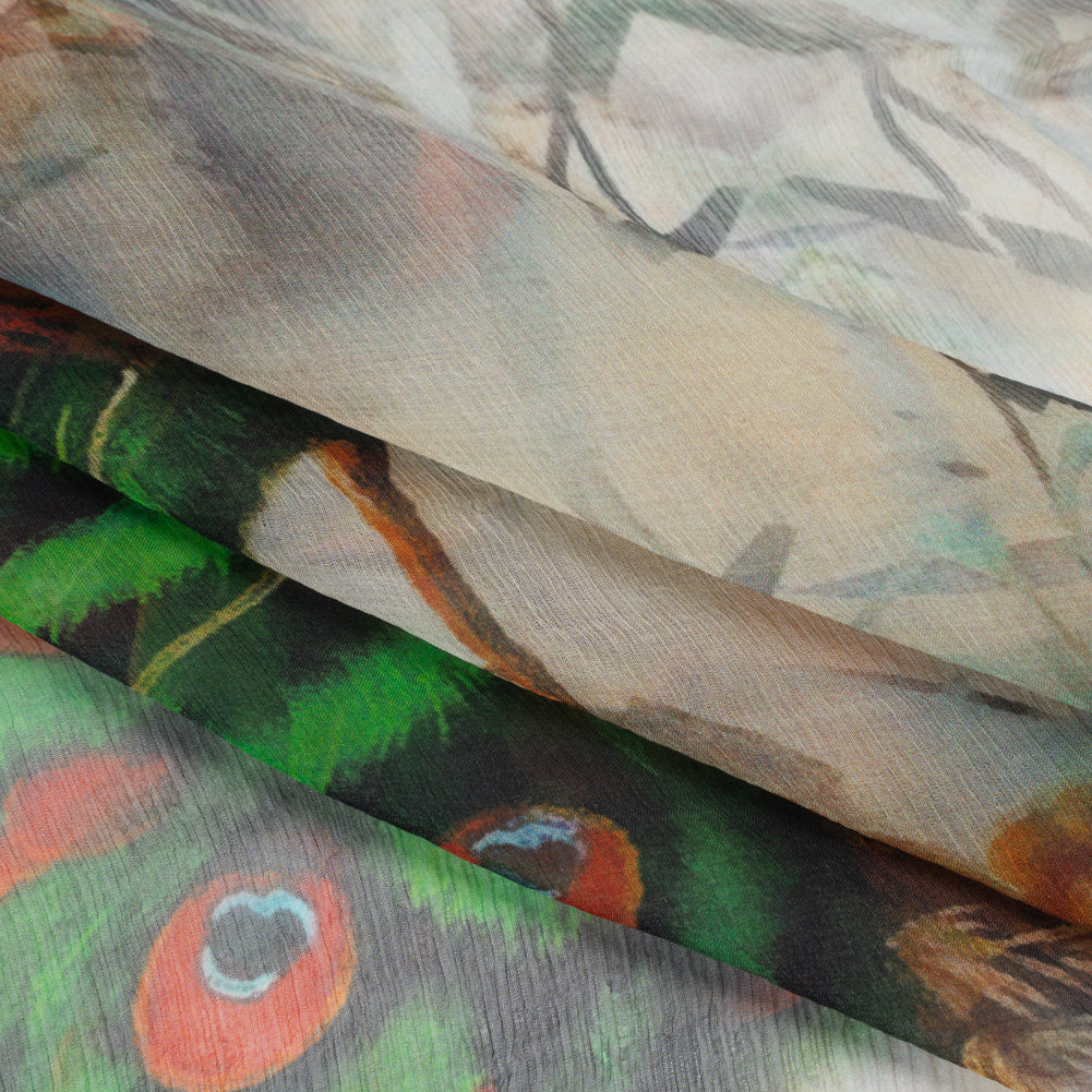 Crinkled Silk Chiffon Panel - Green, Pale Yellow and Gray Big Green Peacocks - Deadstock Folded