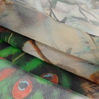 Crinkled Silk Chiffon Panel - Green, Pale Yellow and Gray Big Green Peacocks - Deadstock Folded