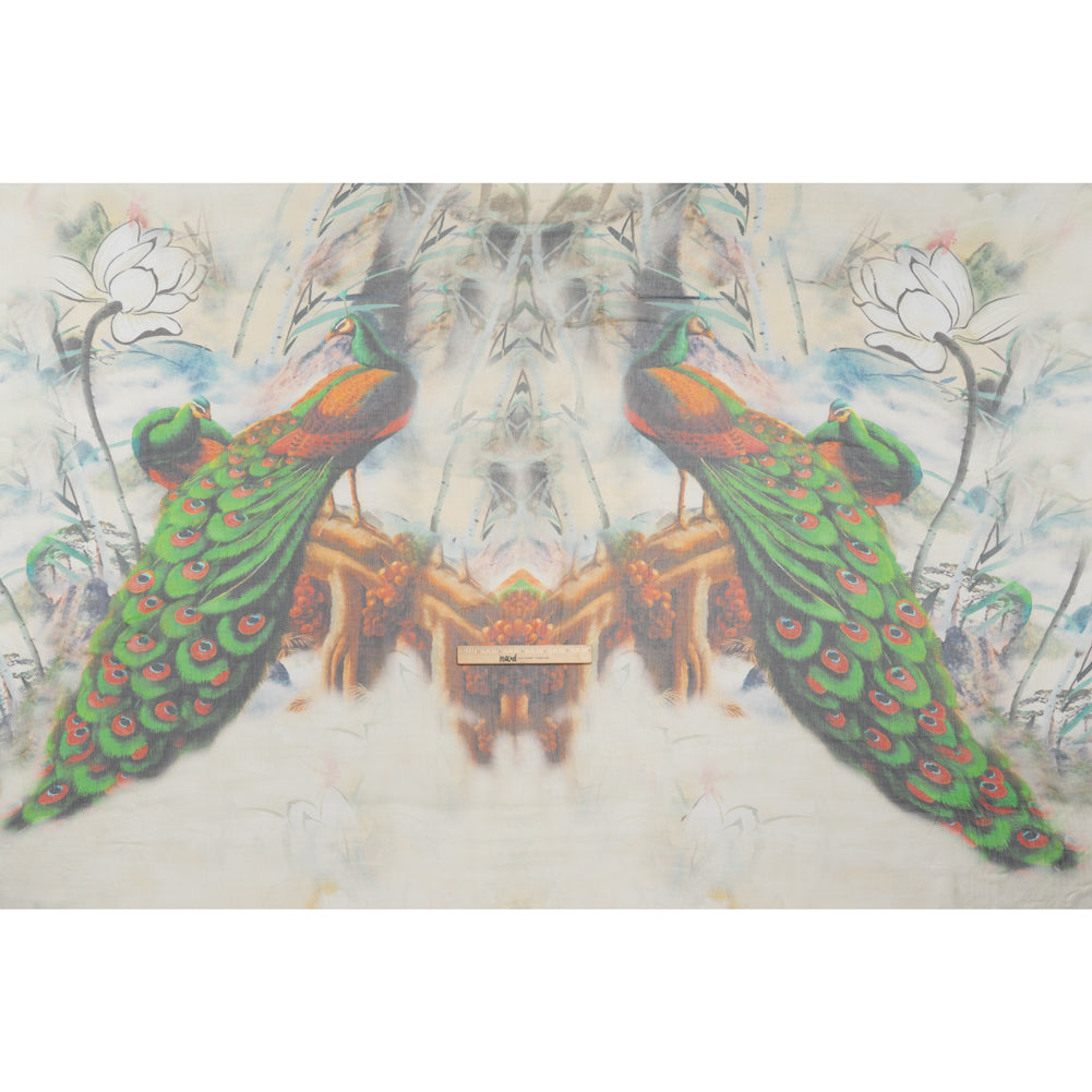 Crinkled Silk Chiffon Panel - Green, Pale Yellow and Gray Big Green Peacocks - Deadstock - Full