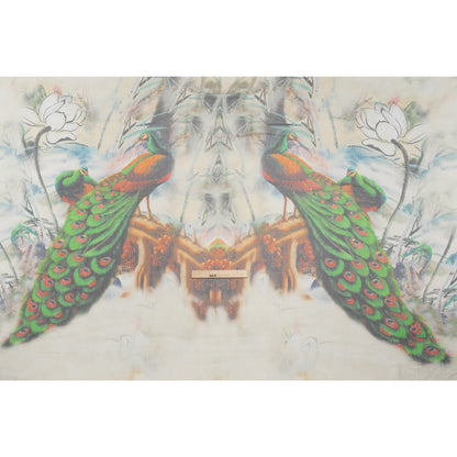Crinkled Silk Chiffon Panel - Green, Pale Yellow and Gray Big Green Peacocks - Deadstock - Full