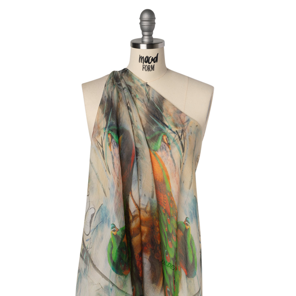 Crinkled Silk Chiffon Panel - Green, Pale Yellow and Gray Big Green Peacocks - Deadstock Drape