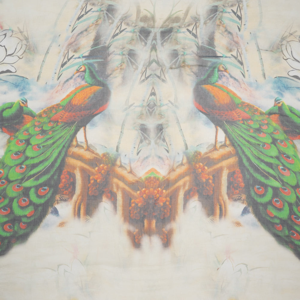 Crinkled Silk Chiffon Panel - Green, Pale Yellow and Gray Big Green Peacocks - Deadstock