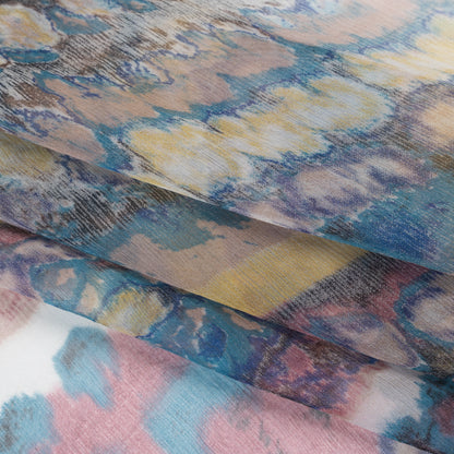 Crinkled Silk Chiffon Print - Dark Rose, Teal and Yellow Inkblot Abstract Stripes - Deadstock