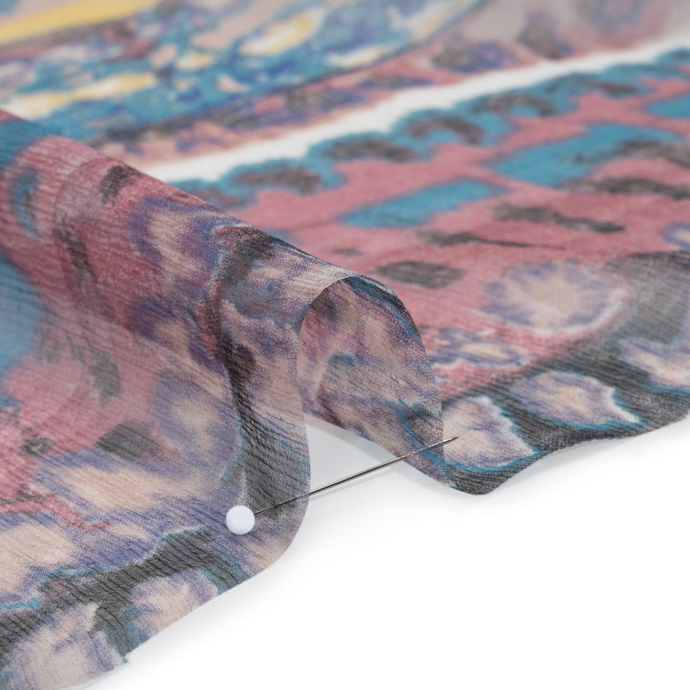 Crinkled Silk Chiffon Print - Dark Rose, Teal and Yellow Inkblot Abstract Stripes - Deadstock