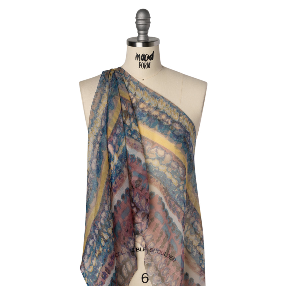 Crinkled Silk Chiffon Print - Dark Rose, Teal and Yellow Inkblot Abstract Stripes - Deadstock