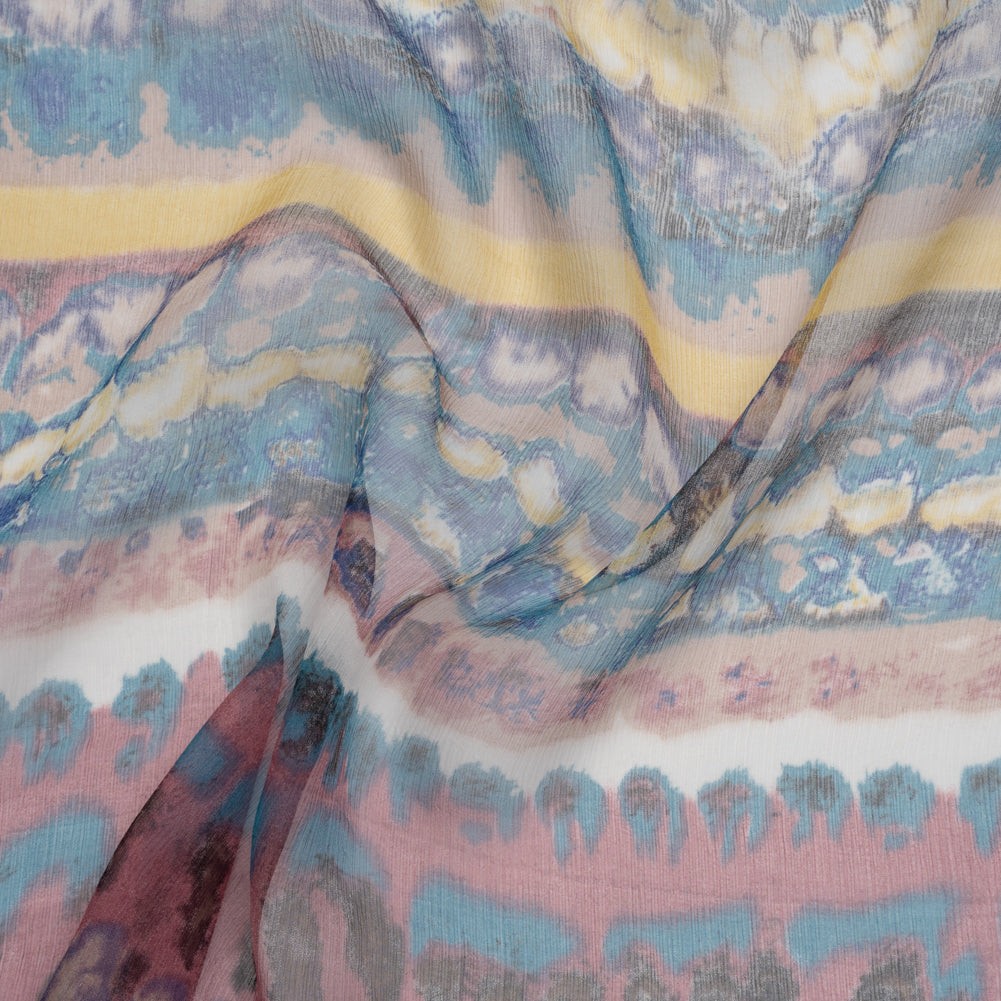 Crinkled Silk Chiffon Print - Dark Rose, Teal and Yellow Inkblot Abstract Stripes - Deadstock