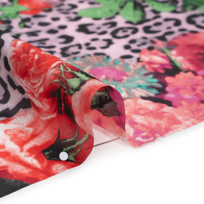 China Silk/Habotai Print - Pink, Green and Black Flowers and Leopard Spots - Deadstock