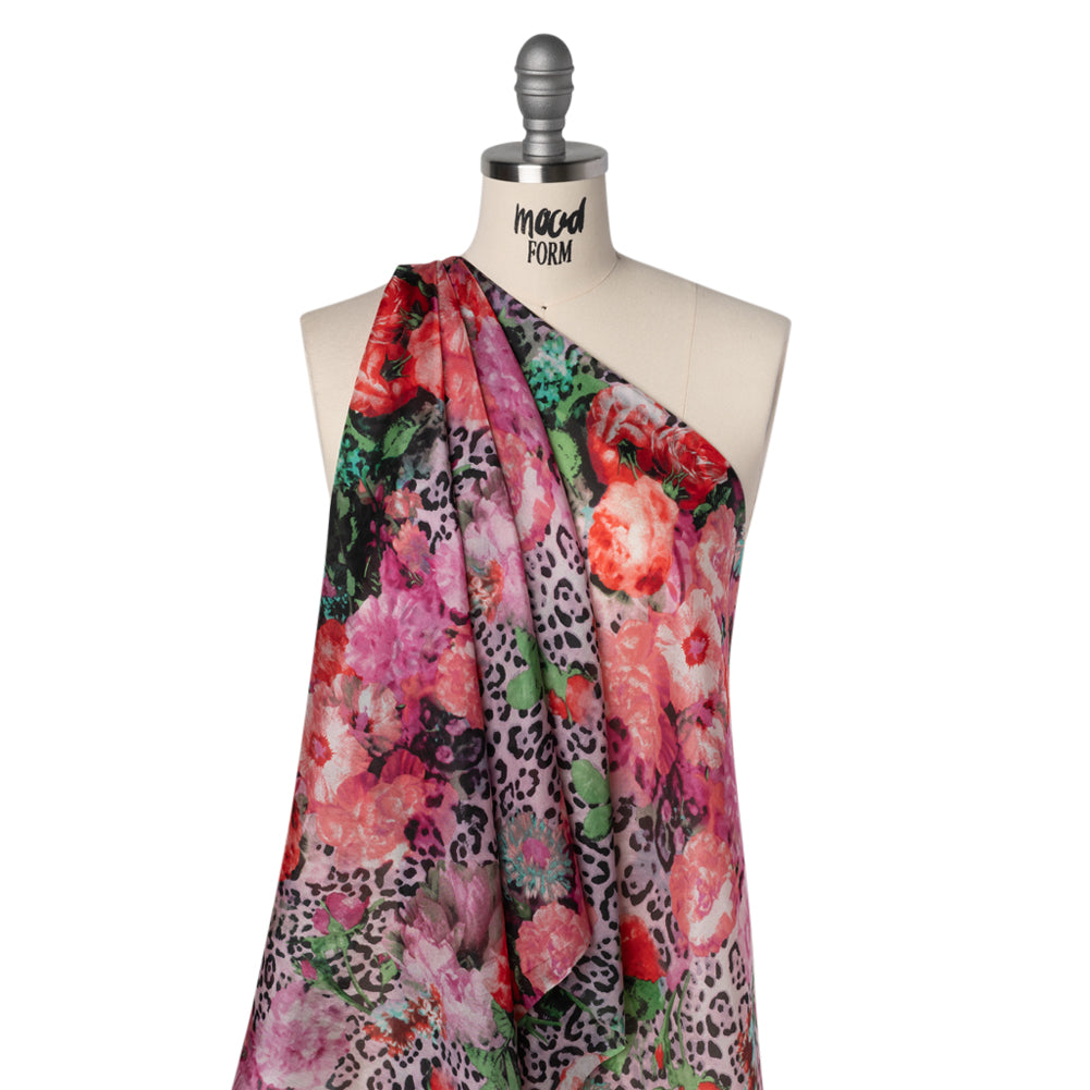 China Silk/Habotai Print - Pink, Green and Black Flowers and Leopard Spots - Deadstock