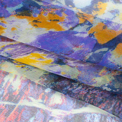 Crinkled Silk Chiffon Print - Purple, Dark Blue and Orangy Yellow Painterly Abstract - Deadstock