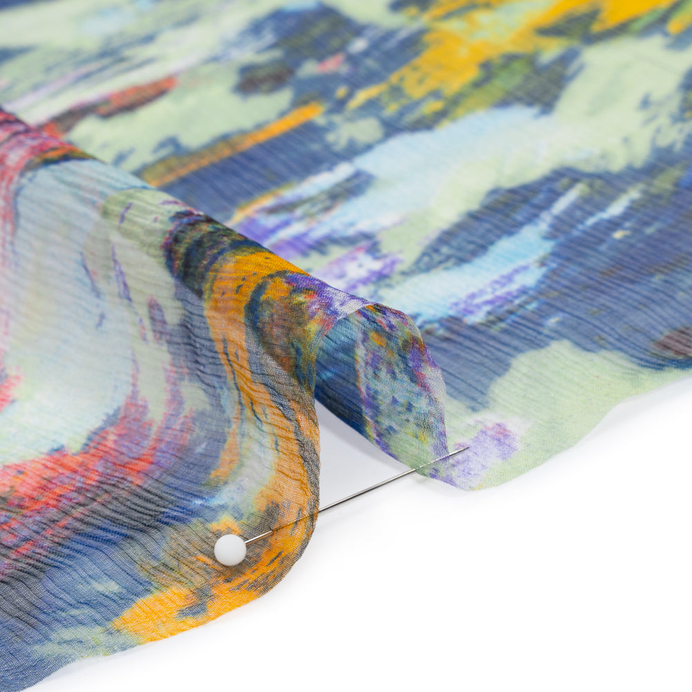 Crinkled Silk Chiffon Print - Purple, Dark Blue and Orangy Yellow Painterly Abstract - Deadstock - Detail