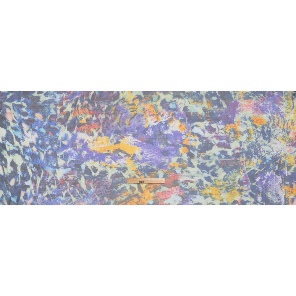 Crinkled Silk Chiffon Print - Purple, Dark Blue and Orangy Yellow Painterly Abstract - Deadstock - Full