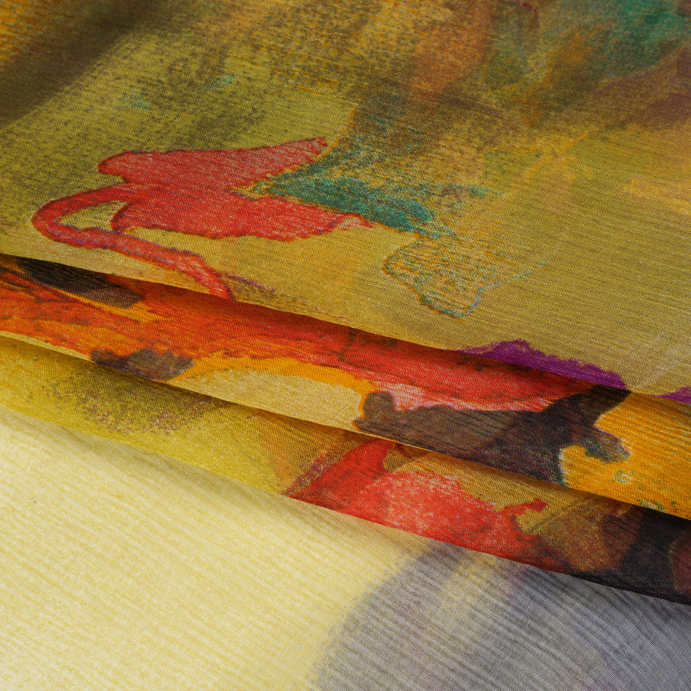 Crinkled Silk Chiffon Print - Yellow, Red and Purple Abstracted Floral - Deadstock - Folded
